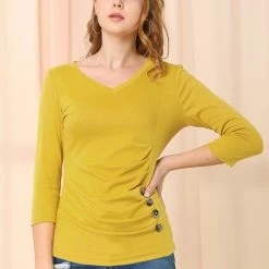 Allegra K Women's V Neck 3/4 Sleeves Solid Knitted Buttons Decor Ruched Top