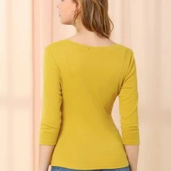 Allegra K Women's V Neck 3/4 Sleeves Solid Knitted Buttons Decor Ruched Top