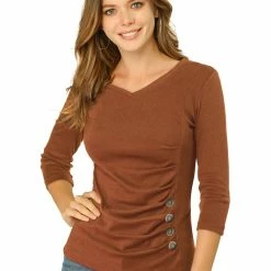 Allegra K Women's V Neck 3/4 Sleeves Solid Knitted Buttons Decor Ruched Top
