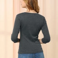 Allegra K Women's V Neck 3/4 Sleeves Solid Knitted Buttons Decor Ruched Top