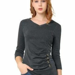 Allegra K Women's V Neck 3/4 Sleeves Solid Knitted Buttons Decor Ruched Top