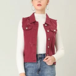 Allegra K Women Turn Down Collar Button Closure Denim Washed Vest