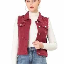 Allegra K Women Turn Down Collar Button Closure Denim Washed Vest