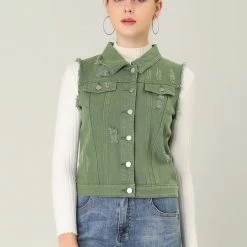 Allegra K Women Turn Down Collar Button Closure Denim Washed Vest