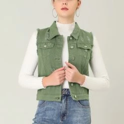 Allegra K Women Turn Down Collar Button Closure Denim Washed Vest