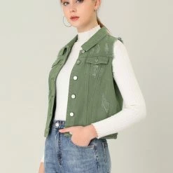 Allegra K Women Turn Down Collar Button Closure Denim Washed Vest