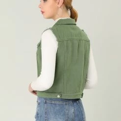 Allegra K Women Turn Down Collar Button Closure Denim Washed Vest