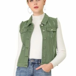Allegra K Women Turn Down Collar Button Closure Denim Washed Vest