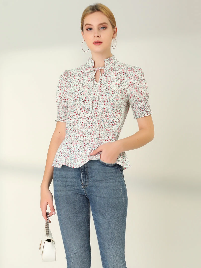 Allegra K Women's Ruffle Neck Tie Front Smocked Floral Peplum Top 6 Allegra K Women's Ruffle Neck Tie Front Smocked Floral Peplum Top