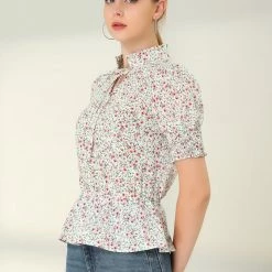 Allegra K Women's Ruffle Neck Tie Front Smocked Floral Peplum Top 19 Allegra K Women's Ruffle Neck Tie Front Smocked Floral Peplum Top