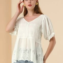 Allegra K Women's Eyelet Blouses Howllow Out V Neck Puff Sleeve PeplumTop