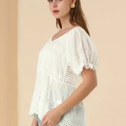 Allegra K Women's Eyelet Blouses Howllow Out V Neck Puff Sleeve PeplumTop