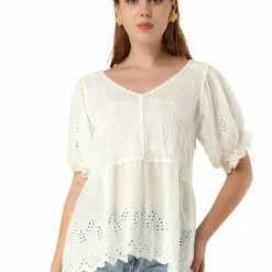 Allegra K Women's Eyelet Blouses Howllow Out V Neck Puff Sleeve PeplumTop