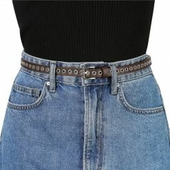 Allegra K Grommet Belt Leather Skinny Plus Size Waist Belts For Women Punk Rock Style Accessories