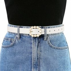 Allegra K Accessories Womens Pearl Waistband Skinny Leather Adjustable Pin Buckle Belt For Jeans Dresses Pants