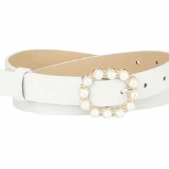 Allegra K Accessories Womens Pearl Waistband Skinny Leather Adjustable Pin Buckle Belt For Jeans Dresses Pants