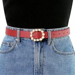 Allegra K Accessories Womens Pearl Waistband Skinny Leather Adjustable Pin Buckle Belt For Jeans Dresses Pants