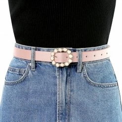 Allegra K Accessories Womens Pearl Waistband Skinny Leather Adjustable Pin Buckle Belt For Jeans Dresses Pants