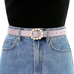 Allegra K Accessories Womens Pearl Waistband Skinny Leather Adjustable Pin Buckle Belt For Jeans Dresses Pants