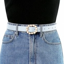 Allegra K Accessories Womens Pearl Waistband Skinny Leather Adjustable Pin Buckle Belt For Jeans Dresses Pants