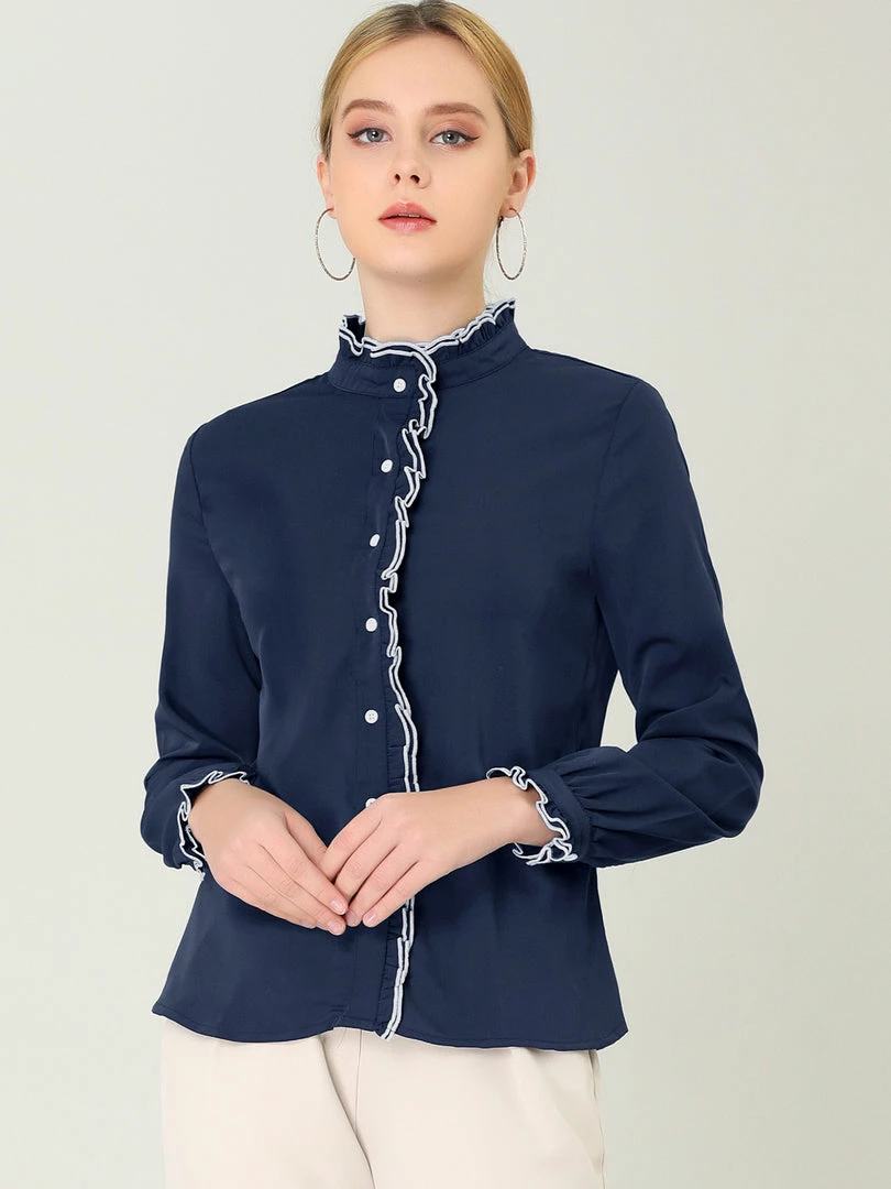 Allegra K Women Ruffle Stand Collar Shirt Button Down Office Work Chiffon Long Sleeve Top 10 Allegra K Women Ruffle Stand Collar Shirt Button Down Office Work Chiffon Long Sleeve Top