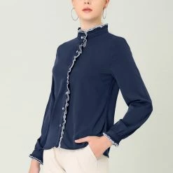 Allegra K Women Ruffle Stand Collar Shirt Button Down Office Work Chiffon Long Sleeve Top 47 Allegra K Women Ruffle Stand Collar Shirt Button Down Office Work Chiffon Long Sleeve Top