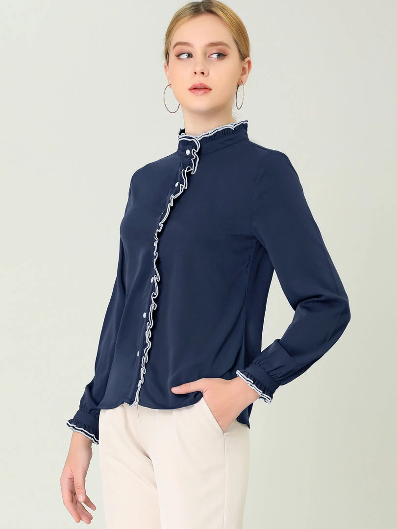 Allegra K Women Ruffle Stand Collar Shirt Button Down Office Work Chiffon Long Sleeve Top 12 Allegra K Women Ruffle Stand Collar Shirt Button Down Office Work Chiffon Long Sleeve Top