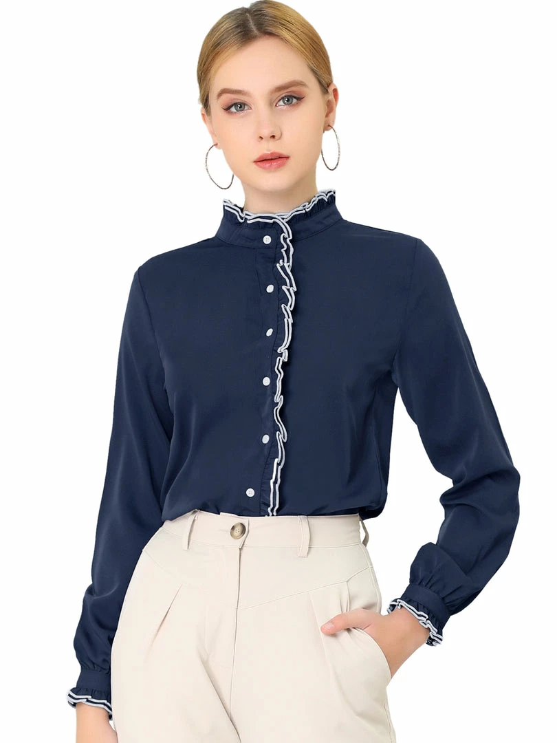 Allegra K Women Ruffle Stand Collar Shirt Button Down Office Work Chiffon Long Sleeve Top 9 Allegra K Women Ruffle Stand Collar Shirt Button Down Office Work Chiffon Long Sleeve Top