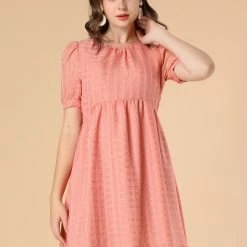 Allegra K Women's Round Neck Puff Sleeve High Waist Babydoll Mini Dress
