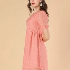 Allegra K Women's Round Neck Puff Sleeve High Waist Babydoll Mini Dress