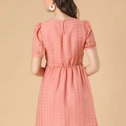 Allegra K Women's Round Neck Puff Sleeve High Waist Babydoll Mini Dress