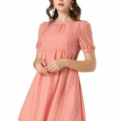 Allegra K Women's Round Neck Puff Sleeve High Waist Babydoll Mini Dress