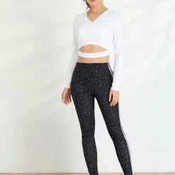 Allegra K Women's V Neck Solid Color Long Sleeve Slim Fit Crop Athleisure Yoga Top