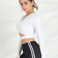 Allegra K Women's V Neck Solid Color Long Sleeve Slim Fit Crop Athleisure Yoga Top