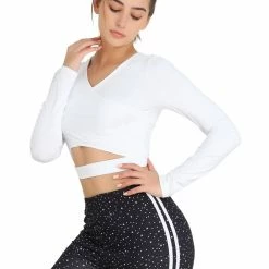 Allegra K Women's V Neck Solid Color Long Sleeve Slim Fit Crop Athleisure Yoga Top