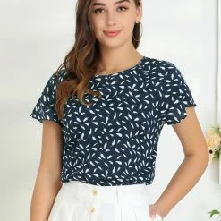 Allegra K Women's Cute Leaf Print Top Blouse Round Neck Short Sleeve Work Office Shirt