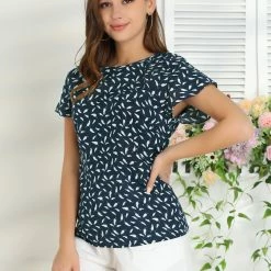 Allegra K Women's Cute Leaf Print Top Blouse Round Neck Short Sleeve Work Office Shirt