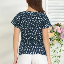 Allegra K Women's Cute Leaf Print Top Blouse Round Neck Short Sleeve Work Office Shirt