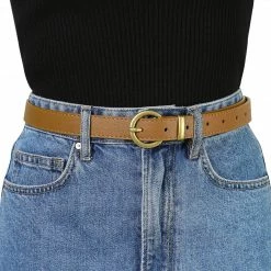 Allegra K Accessories Women PU Leather Belts Bronze Metal Pin Buckle Thin Waist Belts For Jeans Dress