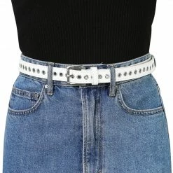 Allegra K Women Grommet Belt PU Leather Metal Buckle Skinny Waist Hollow Belts Accessories