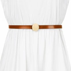 Allegra K Faux Leather Skinny Belt For Women Round Metal Buckle Waist Belts For Jeans Dress Accessories