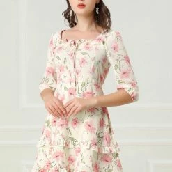 Allegra K Women's Floral Print Bow Tie Neck 3/4 Sleeve Layered Mini Dress 36 Allegra K Women's Floral Print Bow Tie Neck 3/4 Sleeve Layered Mini Dress