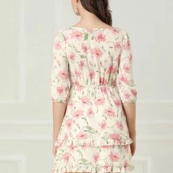 Allegra K Women's Floral Print Bow Tie Neck 3/4 Sleeve Layered Mini Dress 38 Allegra K Women's Floral Print Bow Tie Neck 3/4 Sleeve Layered Mini Dress