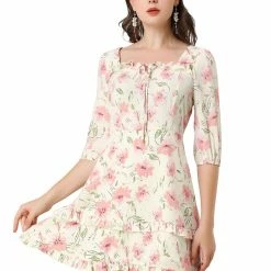 Allegra K Women's Floral Print Bow Tie Neck 3/4 Sleeve Layered Mini Dress 34 Allegra K Women's Floral Print Bow Tie Neck 3/4 Sleeve Layered Mini Dress