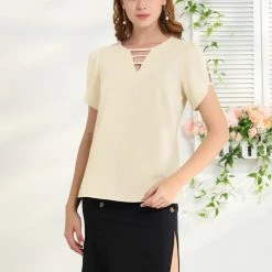 Allegra K Women's Choker V Cut-Out Split-Neck Casual Slashed Cuffs Top