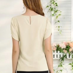 Allegra K Women's Choker V Cut-Out Split-Neck Casual Slashed Cuffs Top