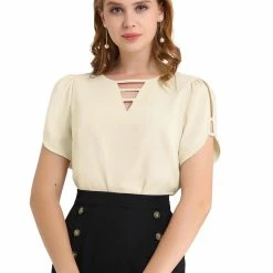 Allegra K Women's Choker V Cut-Out Split-Neck Casual Slashed Cuffs Top
