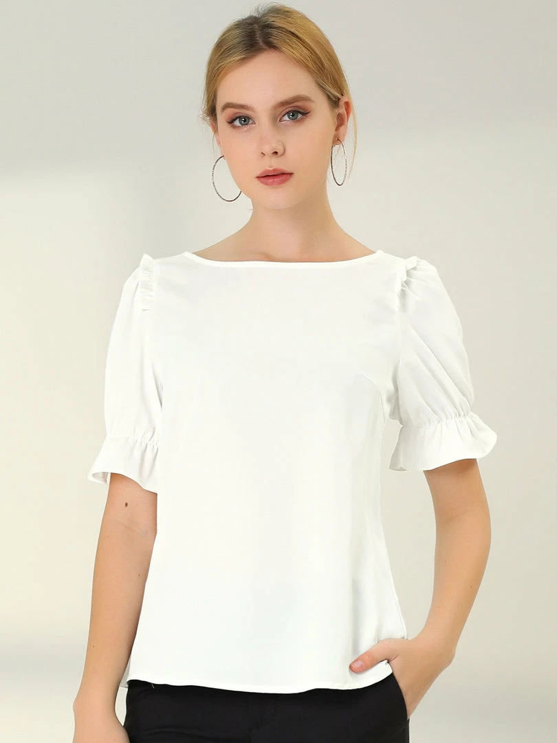 Allegra K Women's Round Neck Short Puff Sleeves Ruffle Top Blouses 5 Allegra K Women's Round Neck Short Puff Sleeves Ruffle Top Blouses