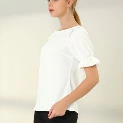 Allegra K Women's Round Neck Short Puff Sleeves Ruffle Top Blouses 13 Allegra K Women's Round Neck Short Puff Sleeves Ruffle Top Blouses