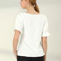 Allegra K Women's Round Neck Short Puff Sleeves Ruffle Top Blouses 14 Allegra K Women's Round Neck Short Puff Sleeves Ruffle Top Blouses